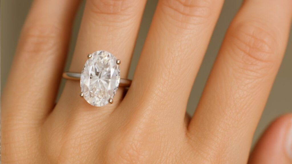 4 carat diamond ring in finger